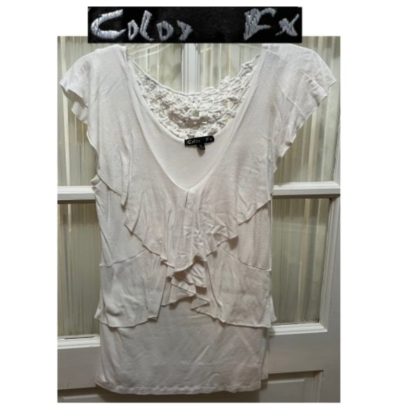 Color FX white top with ruffle front; womens' size M. - Picture 1 of 6